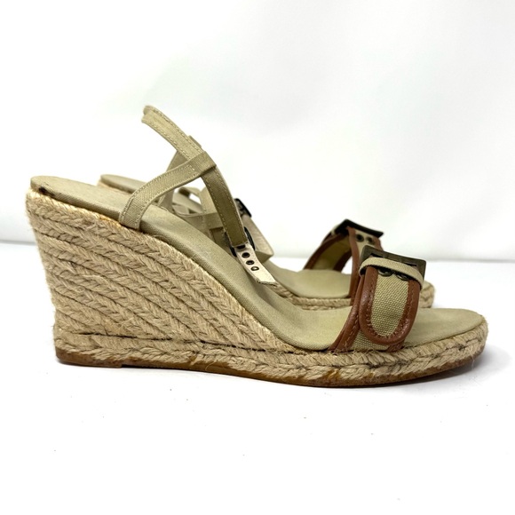 Tan fabric espadrilles wedge sandals, made in Spain, size 8 - Picture 4 of 12